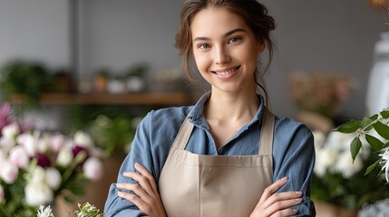 Attractive florist stands confidently with arms crossed, smiling warmly in front of her flower shop filled with beautiful blooms