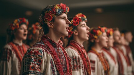 Fototapeta premium Traditional Folk Singers in Colorful Costumes with Floral Crowns