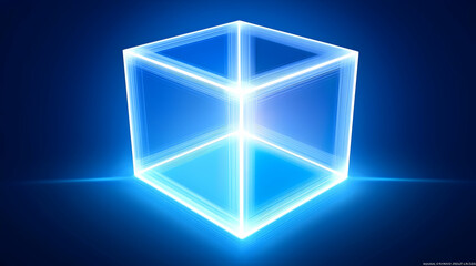 Glowing blue cube in dark background.  Bright light emanating from center