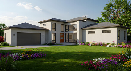 Modern Home Exterior With Landscaped Lawn and Architecture Photography