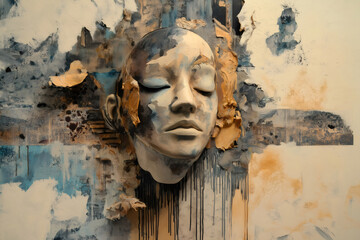 Mixed media artwork featuring a serene face emerging from a textured canvas, blending painting, sculpture, and collage techniques