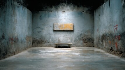 Obraz premium Abandoned Room with Concrete Walls and Simple Bench in Dim Light