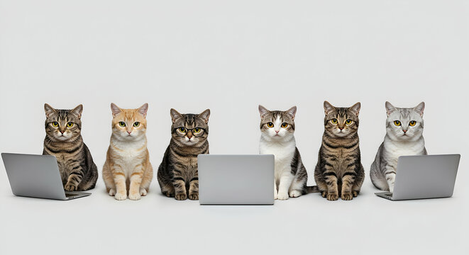 Cats Using Laptops in a Row on a Light Gray Background