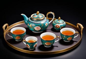 Fototapeta premium One tray with teapot has five cups of tea
