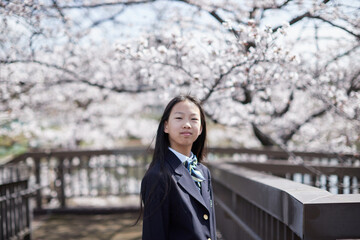 春の桜満開の公園で遊ぶ元気な女子中学生の姿