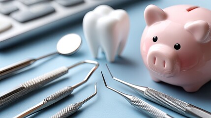 Display dental care essentials like a toothbrush, floss, and a piggy bank against a vibrant blue background for budgeting tips