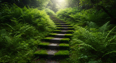 Mossy Stairway To The Unknown in A Verdant Green Forest