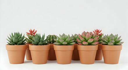 Fototapeta premium Collection of Succulent Plants in Terracotta Pots on White Background