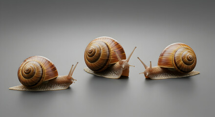 Trio of Brown Snails on Gray Background with Soft Lighting