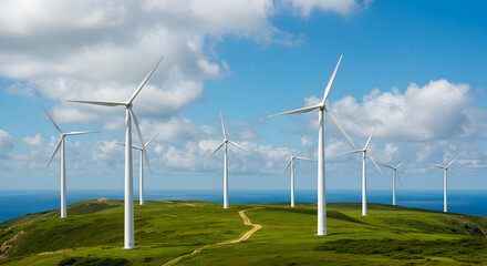 Scenic Wind Turbines on Green Hill Against Blue Sky and Sea