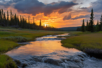 Scenic landscape with river flowing through prairie at sunset with orange clouds and coniferous forest