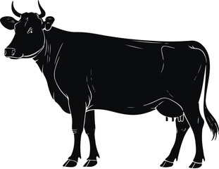 Black Silhouette Dairy Cow  Vintage Woodcut Agricultural Illustration