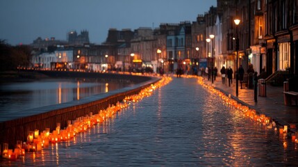 Fototapeta premium Serene Waterway at Dusk with Glowing Lanterns and Reflections