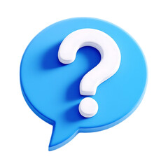 3D render of a blue speech bubble with a white question mark.