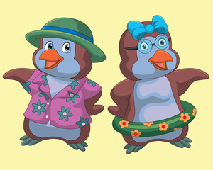 Cute cartoon penguin in summer holiday vector illustration