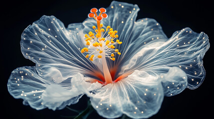 A white hibiscus flower with yellow stamens and an orange center, on a black background.