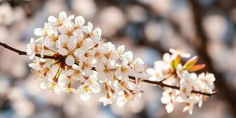 Obraz premium Delicate white blossoms adorn a tree branch, soft spring light illuminating petals, texture, tree