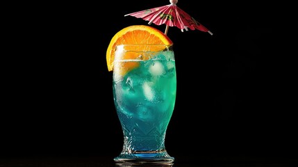 A bright blue lagoon cocktail with a splash of tropical fruit