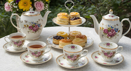Fototapeta premium Elegant Afternoon Tea Party Setup with Delicate Rose Tea Set