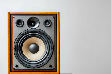 Wooden Bookshelf Speakers with Visible Drivers in Sharp Focus