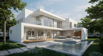 Contemporary Villa with a Sparkling Swimming Pool Surrounded by Lush Greenery