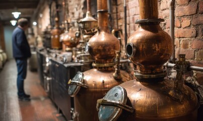 Copper Stills: Distillation Process in a Distillery, Detailed View of Equipment and  Industrial Setting.