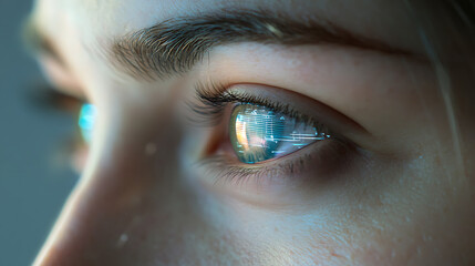 Eye-level perspective of a person with a facial implant transmitting holographic data 
