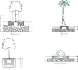 Obraz premium vector sketch illustration silhouette design of planting trees and plants for city park with scale size