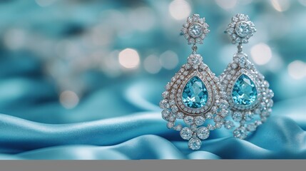 Exquisite dangle earrings featuring dazzling blue gemstones and diamonds on a luxurious silk backdrop