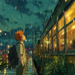 Young boy gazing at train in rain with vibrant city backdrop