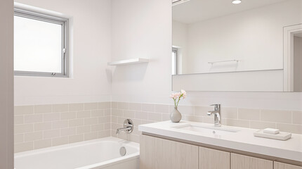 modern minimalist bathroom interior with beige tiles and clean lines