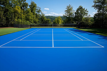 Blue Tennis Court Outdoors with Trees