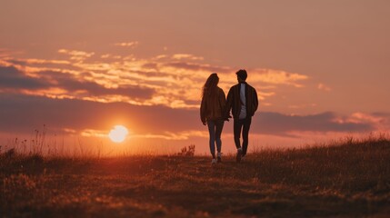 Couple Walking Hand in Hand Through a Sunlit Field at Sunset