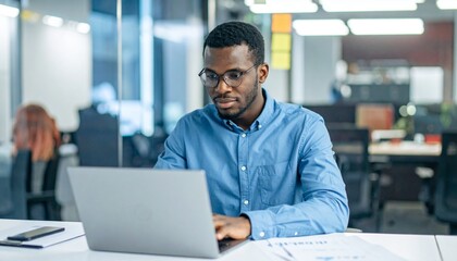 Fototapeta premium Focused Professional Young African-American Man Working in a Modern Office