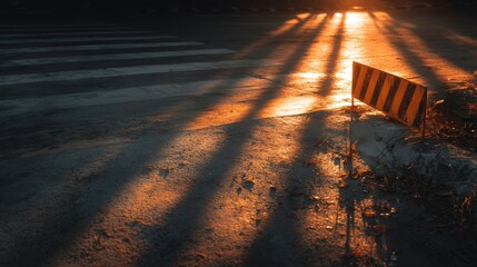 Sunset Shadows on Urban Street with Caution Barrier Visibility