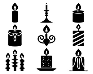 Candle Silhouette Icon Set – 9 Decorative Flame Vectors illustration