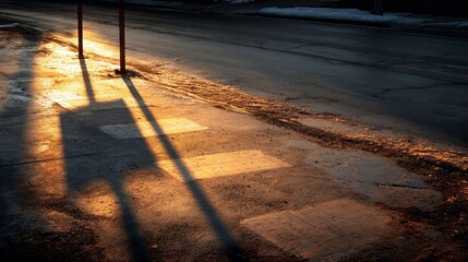 Sunset Light Reflecting on Wet Pavement at Crosswalk in Urban Area
