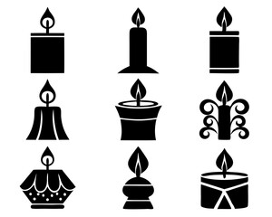 Candle Silhouette Icon Set – 9 Decorative Flame Vectors illustration