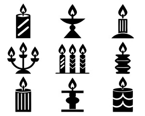 Candle Silhouette Icon Set – 9 Decorative Flame Vectors illustration