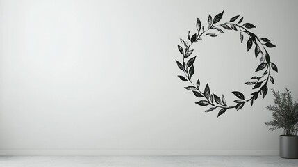 Elegant black botanical wreath sticker on a plain white wall