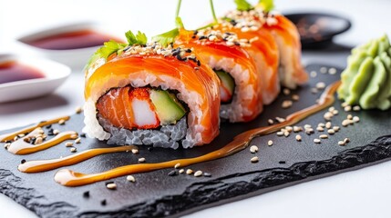 Delicious Salmon Sushi Roll - A delectable sushi roll featuring fresh salmon, avocado, and crab, drizzled with soy sauce and sesame seeds. It symbolizes freshness, artistry, Japanese cuisine