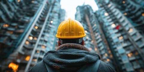 A construction worker in a yellow hard hat looks up at tall, modern apartment buildings in an urban setting.
