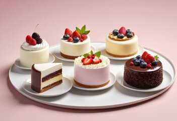 There are four different cakes on one plate with berries on top