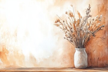 Fototapeta premium Dried Flowers in a Jar - Dried flowers in a white jar against a warm orange background. Simple, elegant still life