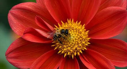 Bee Pollinating Vibrant Red Flower with Yellow Center Close-Up