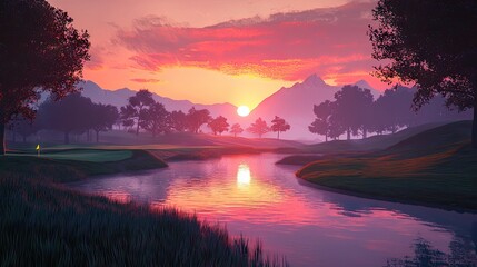 A picturesque golf course at sunset with a tranquil river.