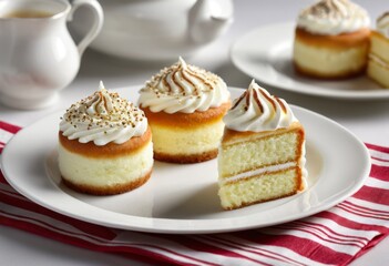 There are three small cakes on a plate with a cup of coffee inside