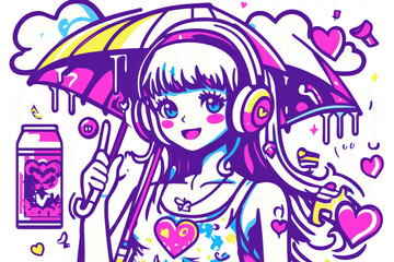 Colorful cartoon illustration of a girl holding a vibrant umbrella with headphones, surrounded by playful clouds and hearts in a whimsical art style