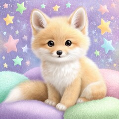 Obraz premium Adorable Orange Fox Kit on Pastel Clouds Under a Starry Night Sky