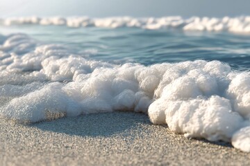 Close up of soft, white sea foam gently rolling onto a sandy beach, creating a serene and peaceful coastal scene